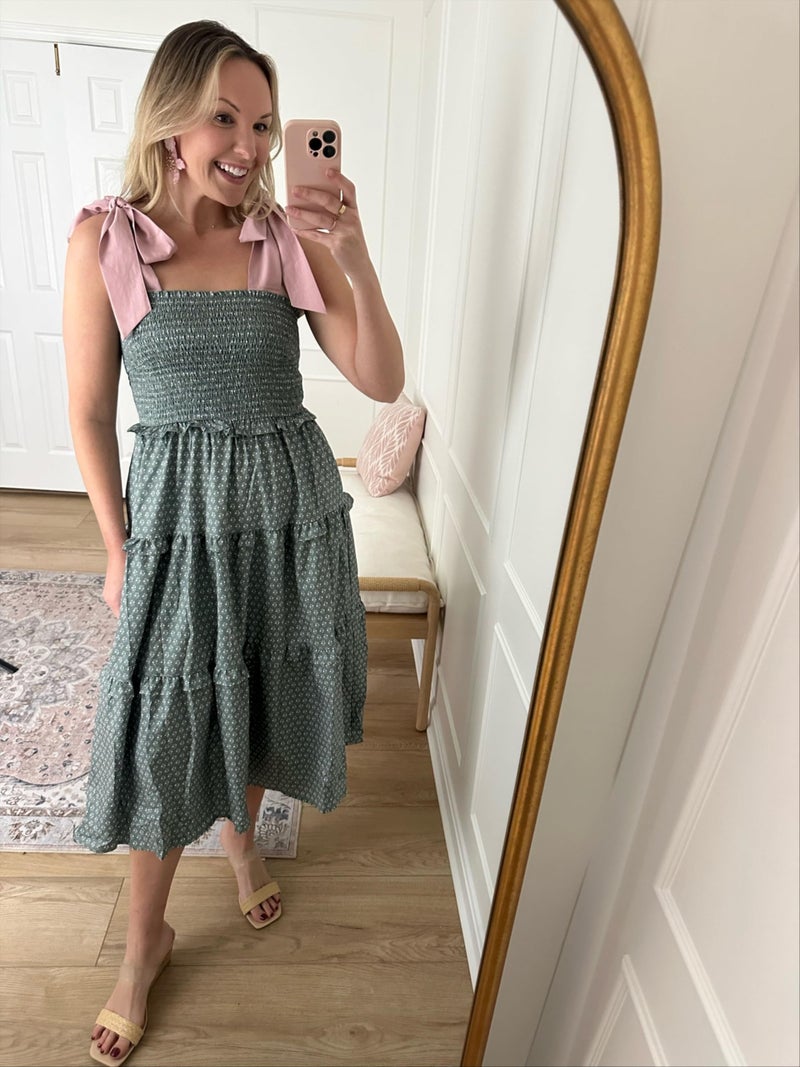 Wenrine Womens Summer Floral Maxi Dress Smocked Tie Shoulder Boho Sleeveless Ruffle Tiered Casual Beach Dresses Green - Image 3