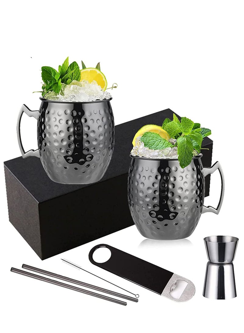 SYOSI Moscow Mule Mugs Large Lined Mascow Mule Cups Set 18oz Black Plated Stainless Steel Mugs Bulk Food Safe Hammered Mug for Chilled Cold Drinks Home Drinkware (2 Packs Black)  - Image 1
