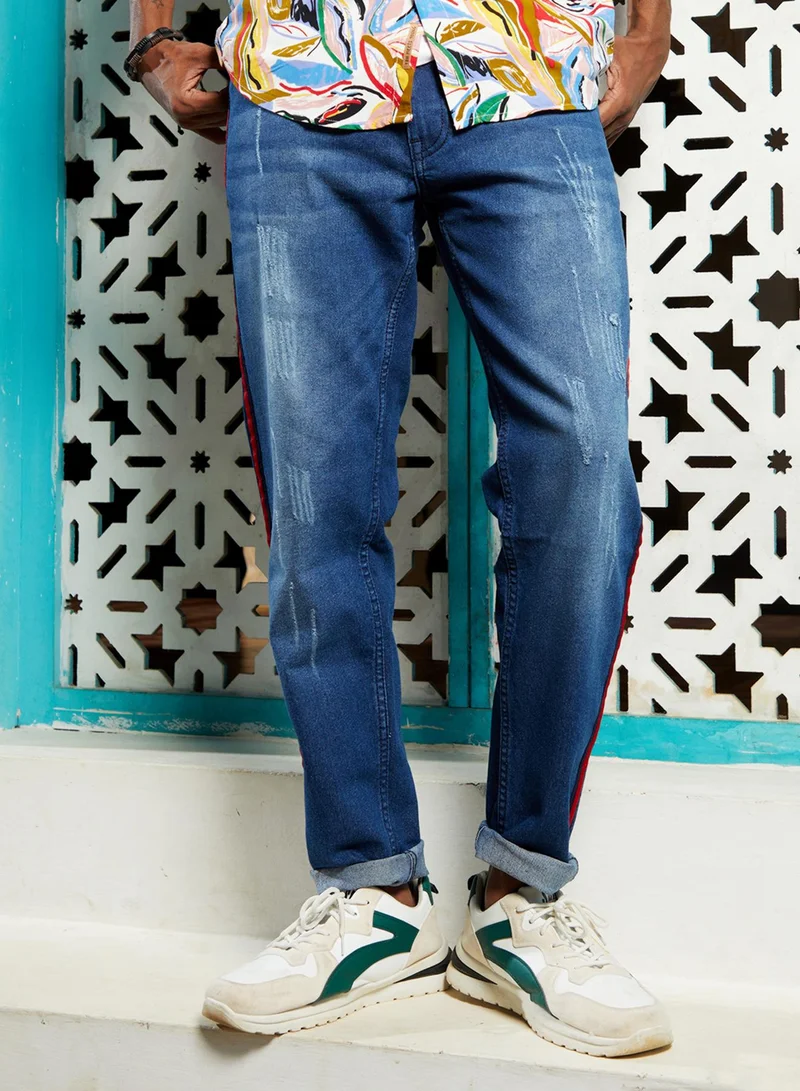 كامبوس سوترا Men's Navy Blue Contrast Side-Striped Denim Jeans For Casual Wear | Dark-Wash | 5 Pockets | Button Closure | Cotton Denim Jeans Crafted With Comfort Fit For Everyday Wear