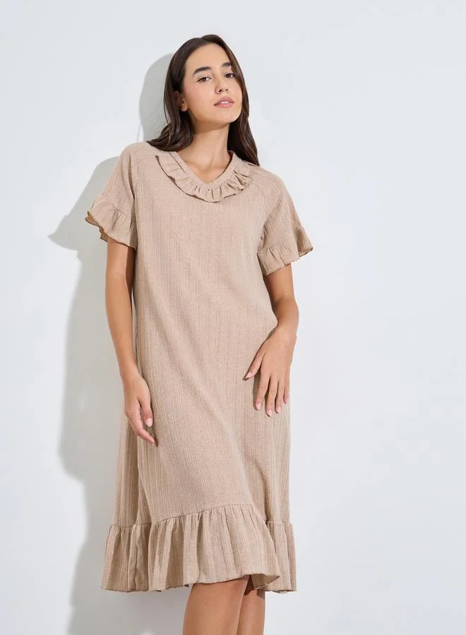 ستايلي Brown Ribbed V Neck Ruffle Detail Nightdress