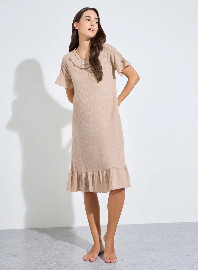 ستايلي Brown Ribbed V Neck Ruffle Detail Nightdress