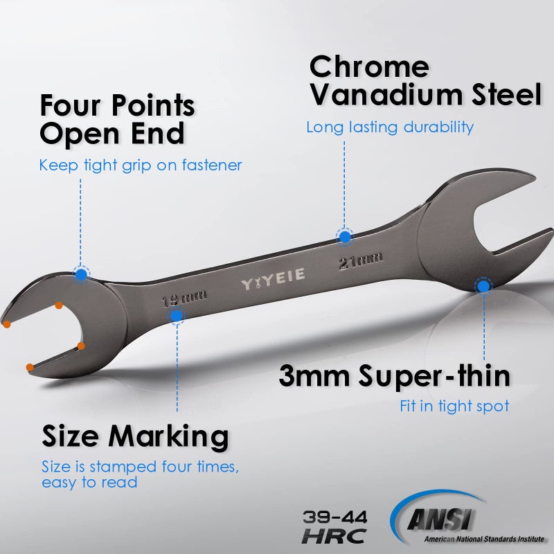 YIYEIE Super-Thin Open End Wrench Set, 10-Piece Metric, 5.5, 7, 8, 9, 10, 11, 12, 13, 14, 15, 16, 17, 18, 19, 20, 21, 22, 23, 24, 27 mm, Nickel Coating, CR-V Steel, Slim Wrench with Rolling Pouch - Image 4
