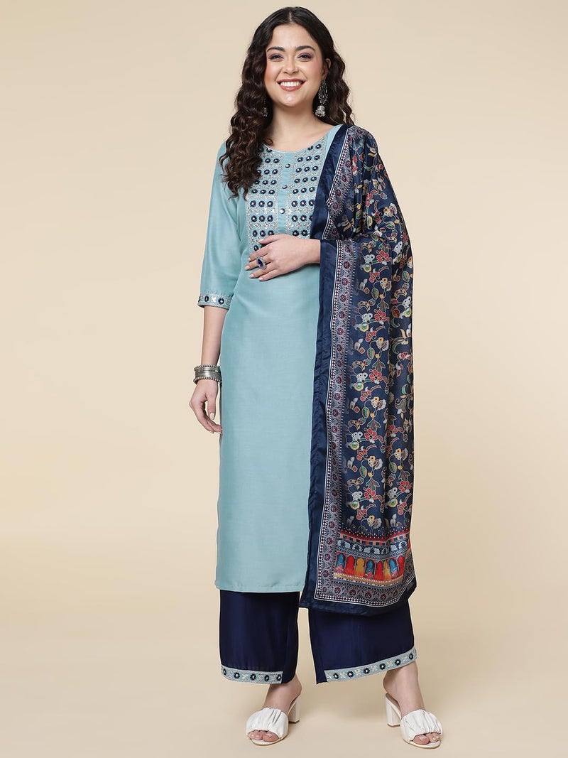 Shiv Textiles Silk Embroidered Kurta Set for Women (224-Sky Blue-XXL) - Image 4
