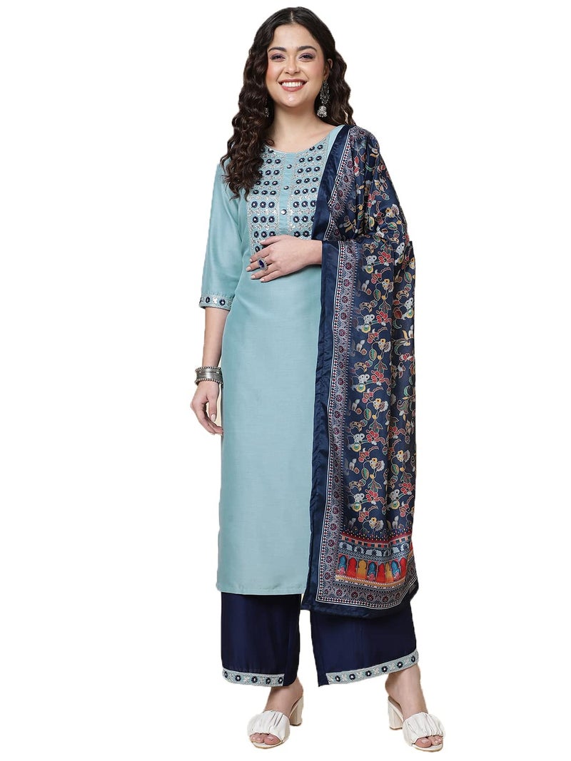 Shiv Textiles Silk Embroidered Kurta Set for Women (224-Sky Blue-XXL) - Image 1
