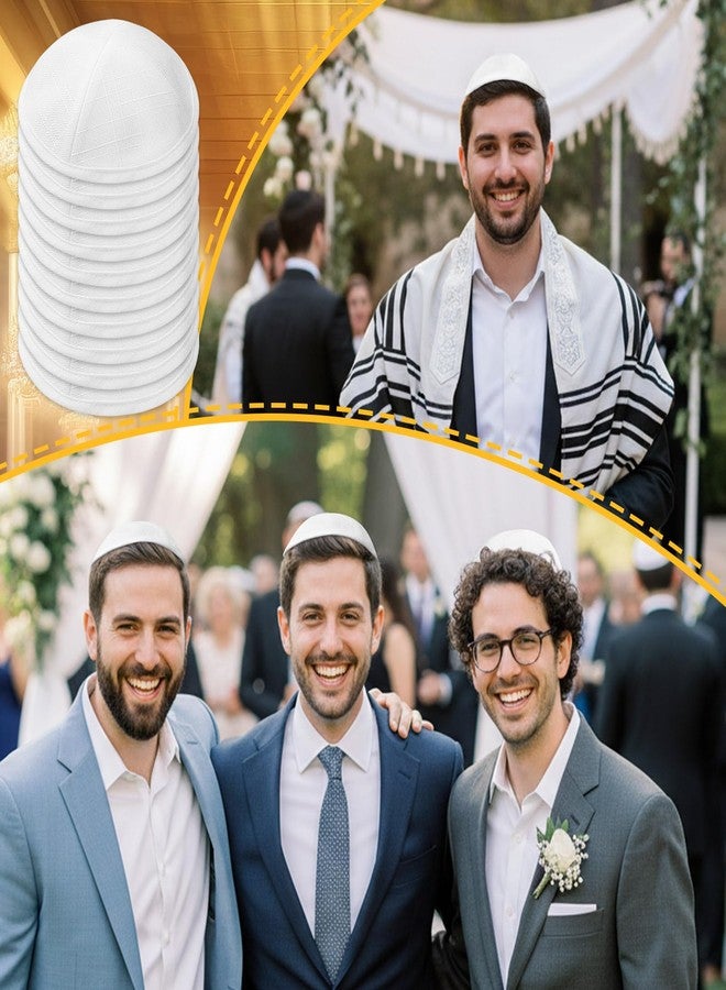 Silicherry مجموعة سيليشيري من 10 قبعات كيباه من الكتان للرجال، قبعة يارمولكا محبوكة لحفلات الزفاف، قبعة يهودية تذكارية مع مشابك (أبيض) - Image 4