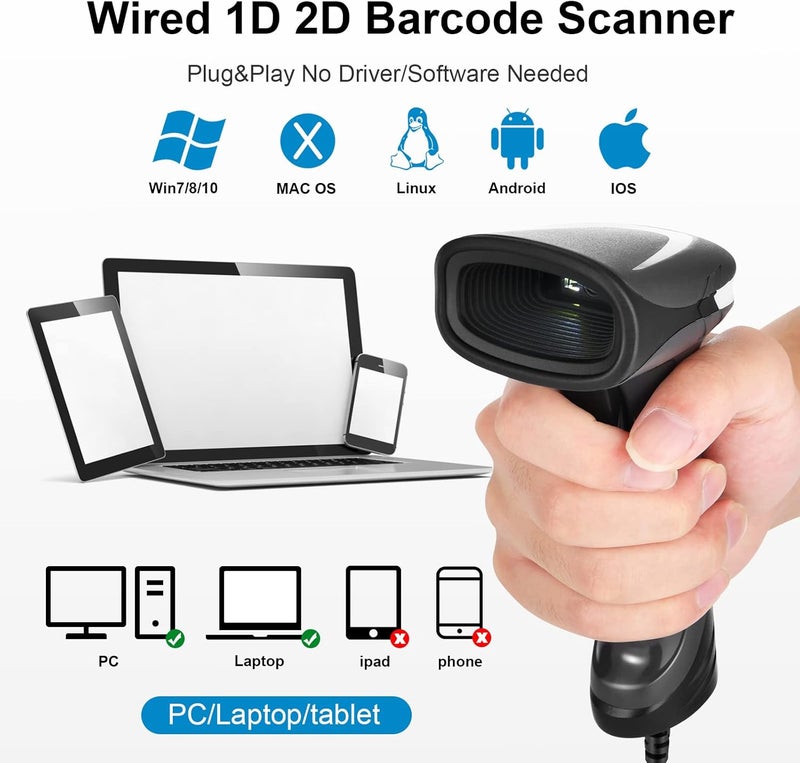 JRHC 1D 2D Wired Barcode Scanner QR Barcode Scanner Handheld Barcode Reader QR Data Matrix PDF417 - Image 2