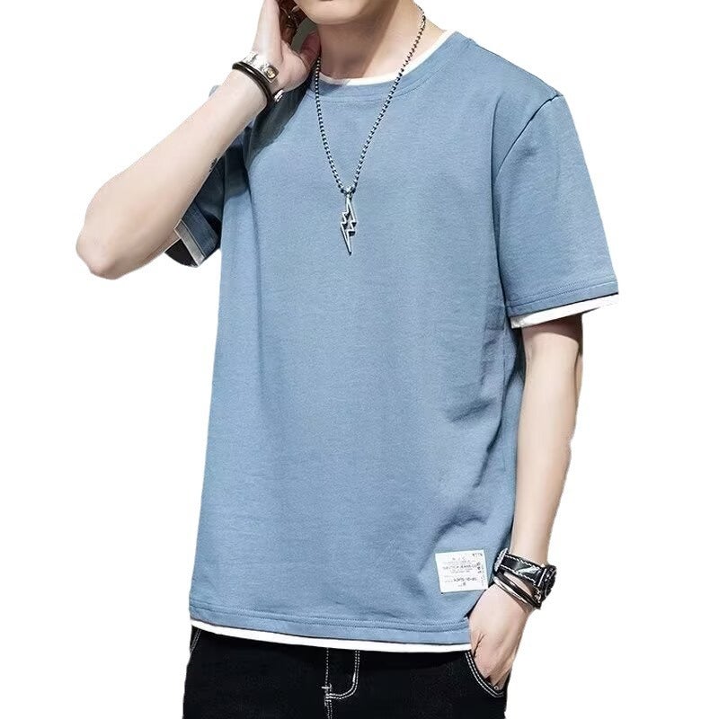 Fake two-piece half sleeve short sleeve mens fashion brand summer new mens casual loose Ruan handsome round neck T-shirt top clothes Yellow - Image 5
