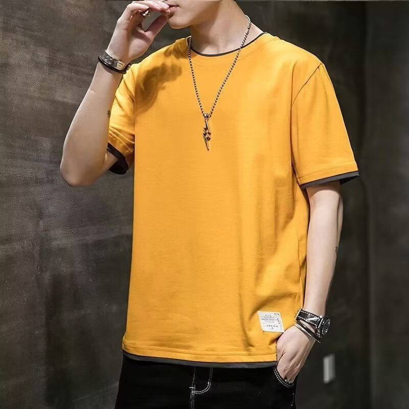 Fake two-piece half sleeve short sleeve mens fashion brand summer new mens casual loose Ruan handsome round neck T-shirt top clothes Yellow - Image 3