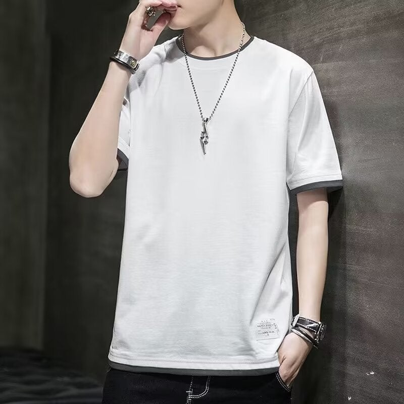 Fake two-piece half sleeve short sleeve mens fashion brand summer new mens casual loose Ruan handsome round neck T-shirt top clothes Yellow - Image 4