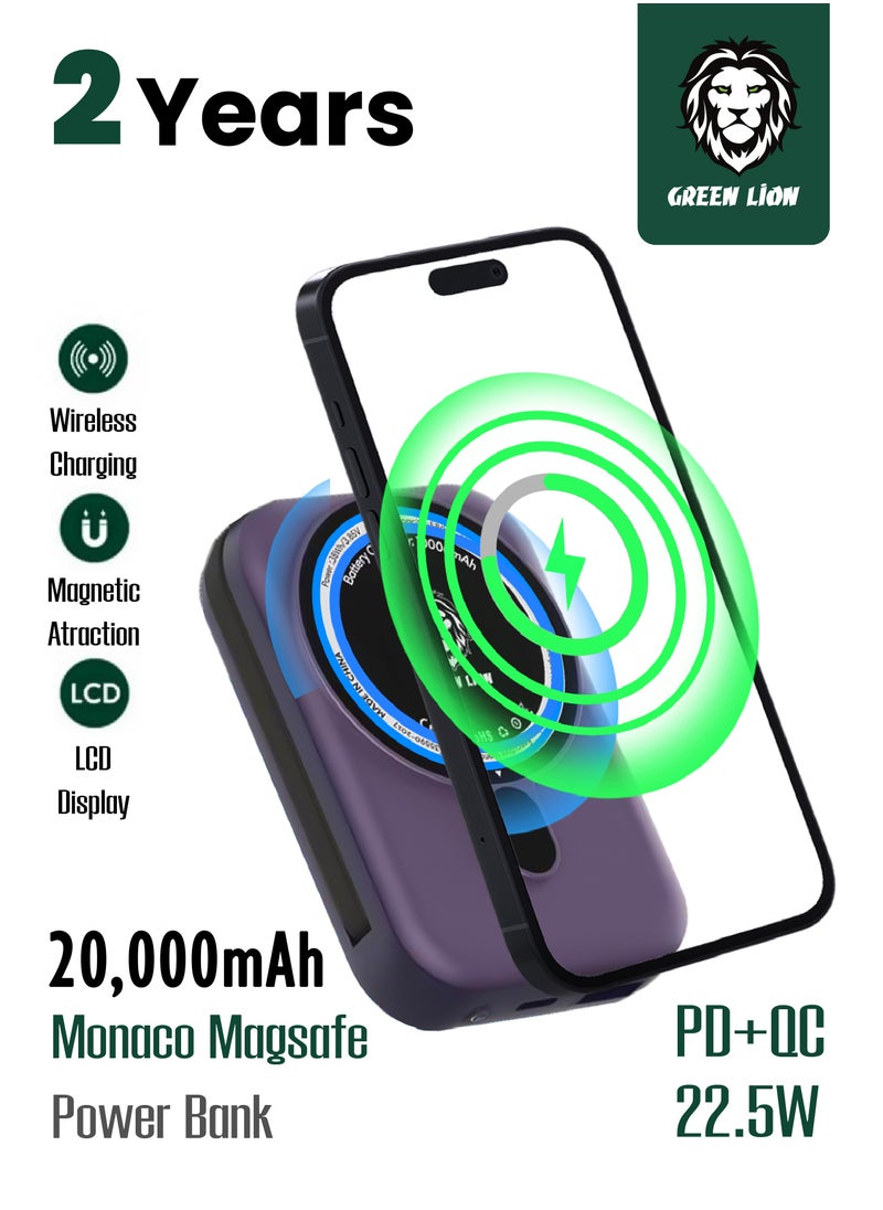 20000mAh Monaco Magsafe Power Bank 22.5W PD+QC / Magnetic Attraction / LCD Display /Compatible with MagSafe for iPhone 14/13/12 Series / Integrated Lightning Cable - Purple