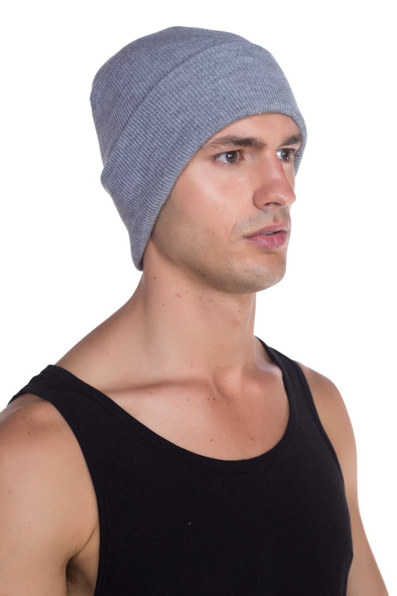 Top Level Beanie Men Women - Unisex Cuffed Plain Skull Knit Hat Cap, Heather Grey - Image 2