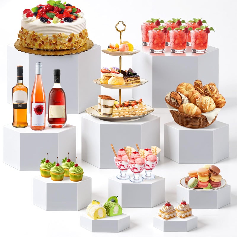 Leinuosen 10 Pcs Large Buffet Risers, Hexagonal Catering Dessert Table Risers Food Decorative Stands 4 to 12 Inch with Hollow Bottom for Catering Supplies, Party(White) - Image 1