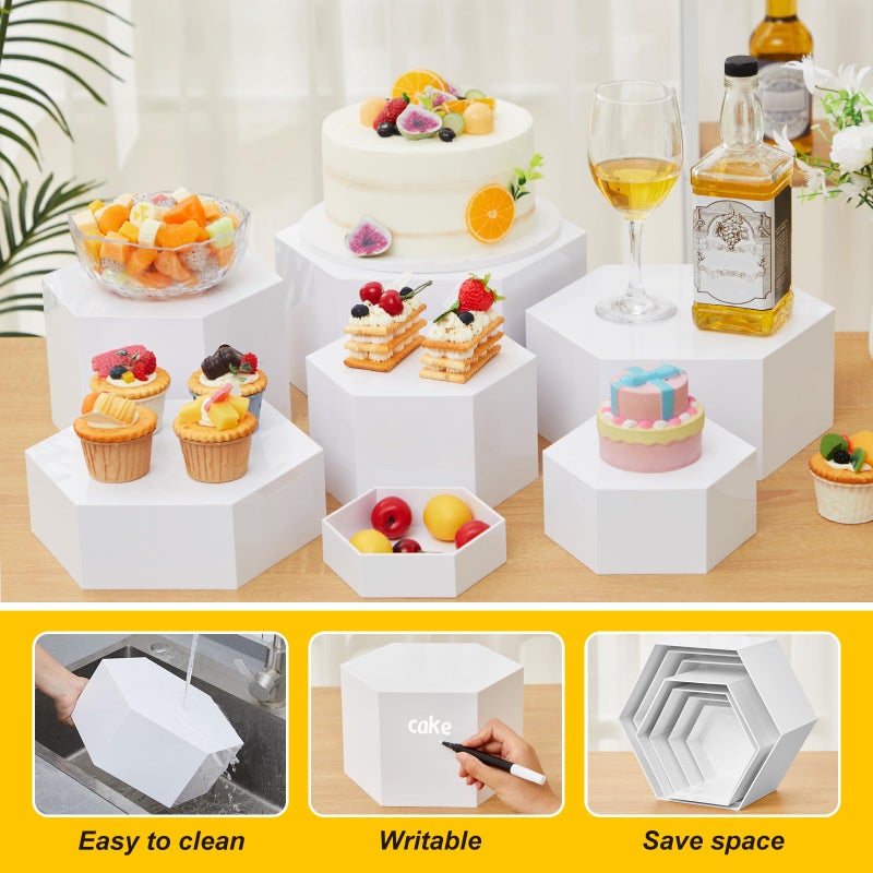 Leinuosen 10 Pcs Large Buffet Risers, Hexagonal Catering Dessert Table Risers Food Decorative Stands 4 to 12 Inch with Hollow Bottom for Catering Supplies, Party(White) - Image 3
