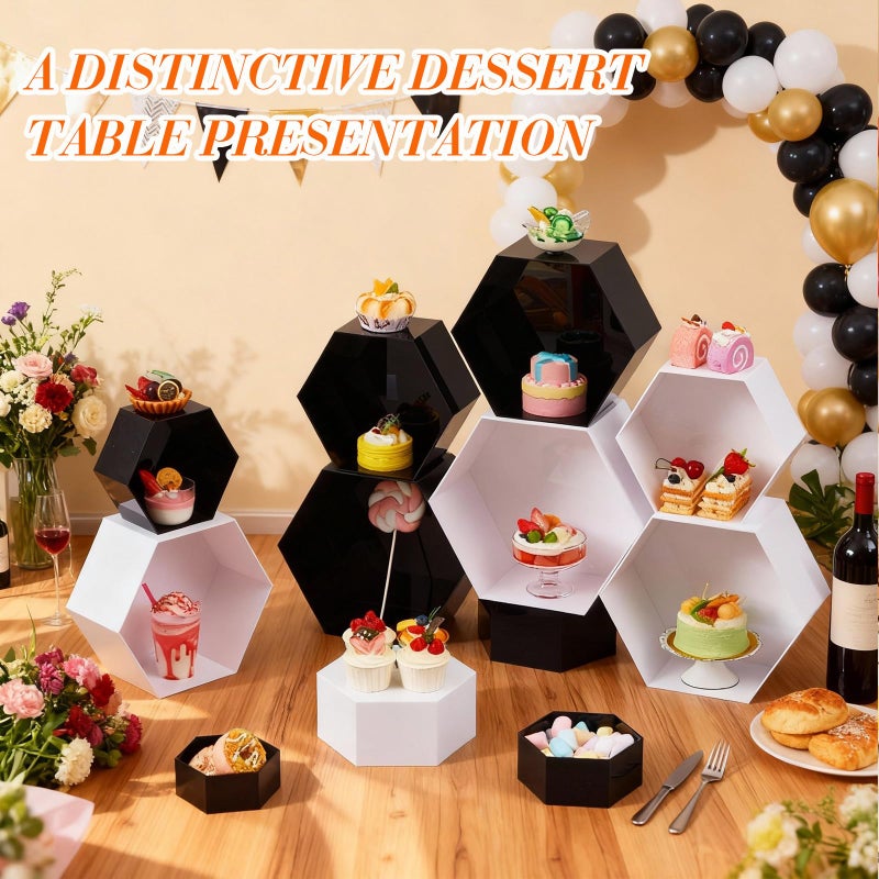 Leinuosen 10 Pcs Large Buffet Risers, Hexagonal Catering Dessert Table Risers Food Decorative Stands 4 to 12 Inch with Hollow Bottom for Catering Supplies, Party(White) - Image 4