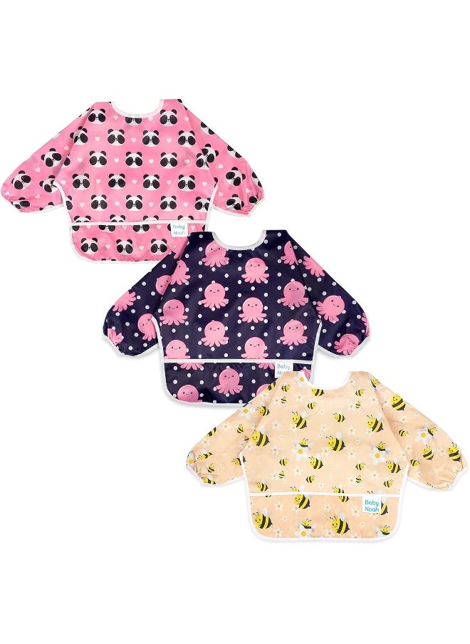 Baby Noah Baby Noah 3 Pcs Waterproof Bibs | Long Sleeves Weaning Smock Bib with Food Catcher Pocket for Toddler Eating | Led Weaning | Full Cover Wearable Sleeved Bibs Shirt Bib Set | 6-24 Months  - Image 1