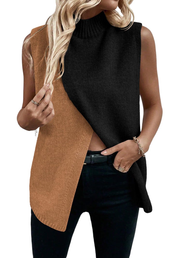 Verdusa Women's Sleeveless Sweater Vest Spring Business Casual Outfits Mock Neck Knit Pullover Sweaters Going Out Tops Black Brown Medium - Image 1
