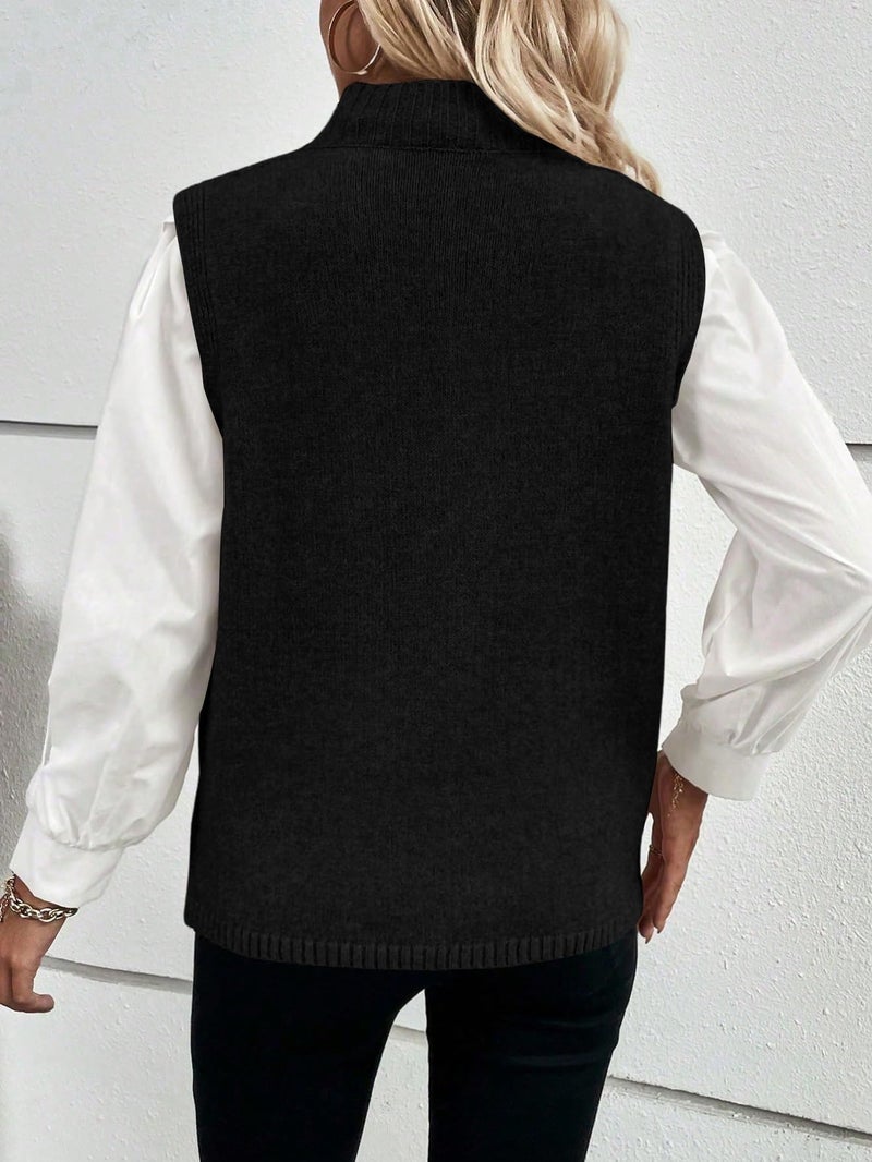 Verdusa Women's Sleeveless Sweater Vest Spring Business Casual Outfits Mock Neck Knit Pullover Sweaters Going Out Tops Black Brown Medium - Image 2