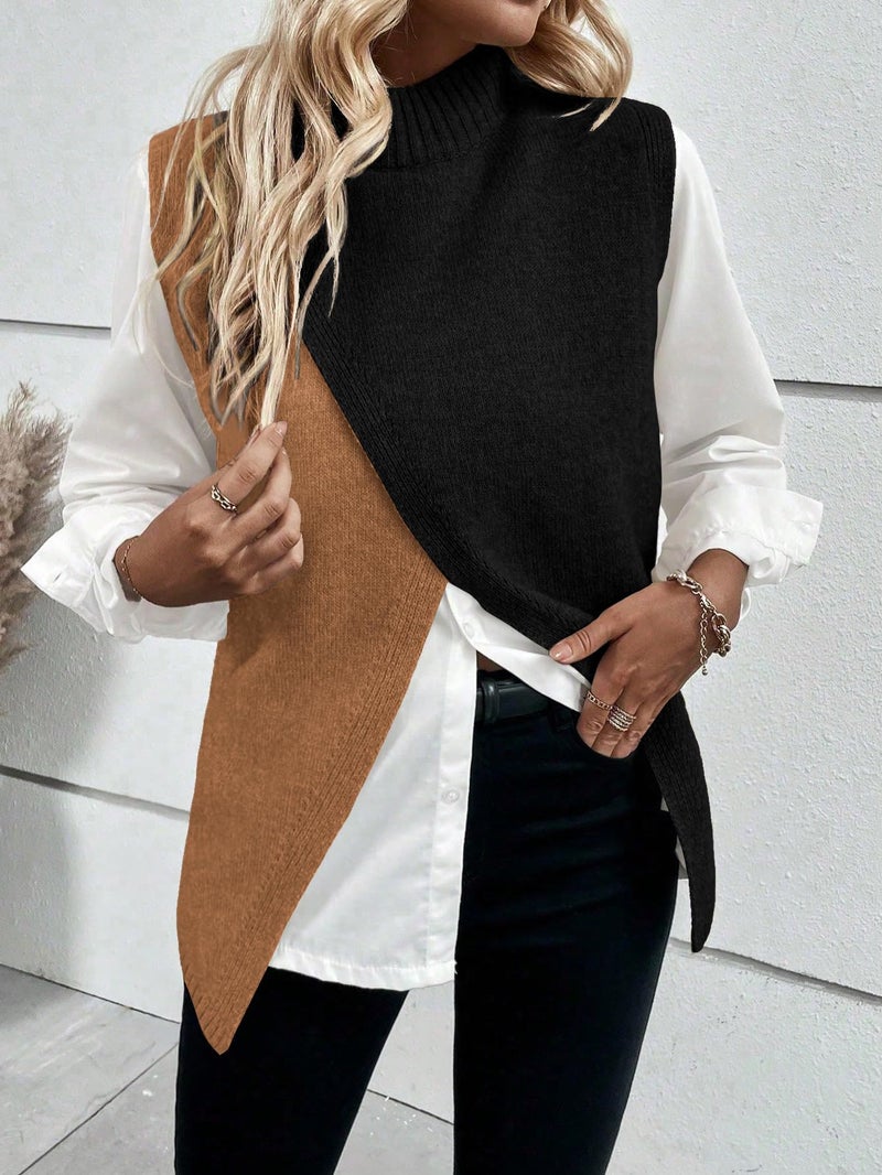 Verdusa Women's Sleeveless Sweater Vest Spring Business Casual Outfits Mock Neck Knit Pullover Sweaters Going Out Tops Black Brown Medium - Image 3