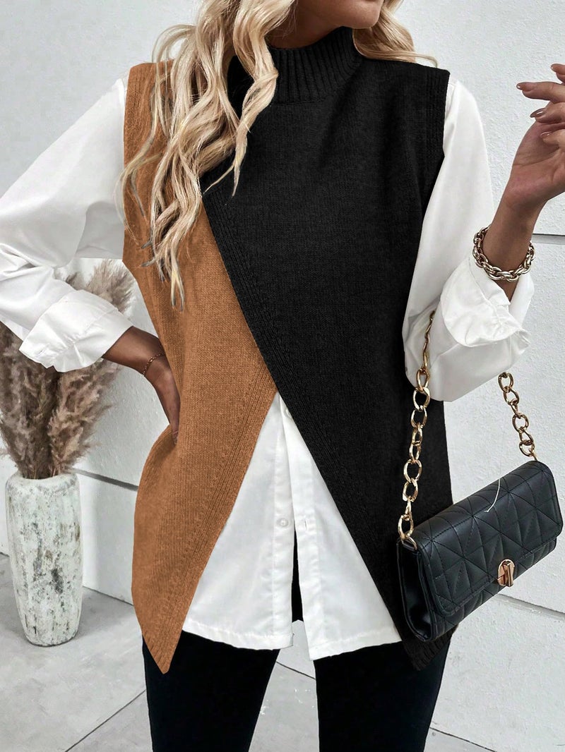 Verdusa Women's Sleeveless Sweater Vest Spring Business Casual Outfits Mock Neck Knit Pullover Sweaters Going Out Tops Black Brown Medium - Image 5