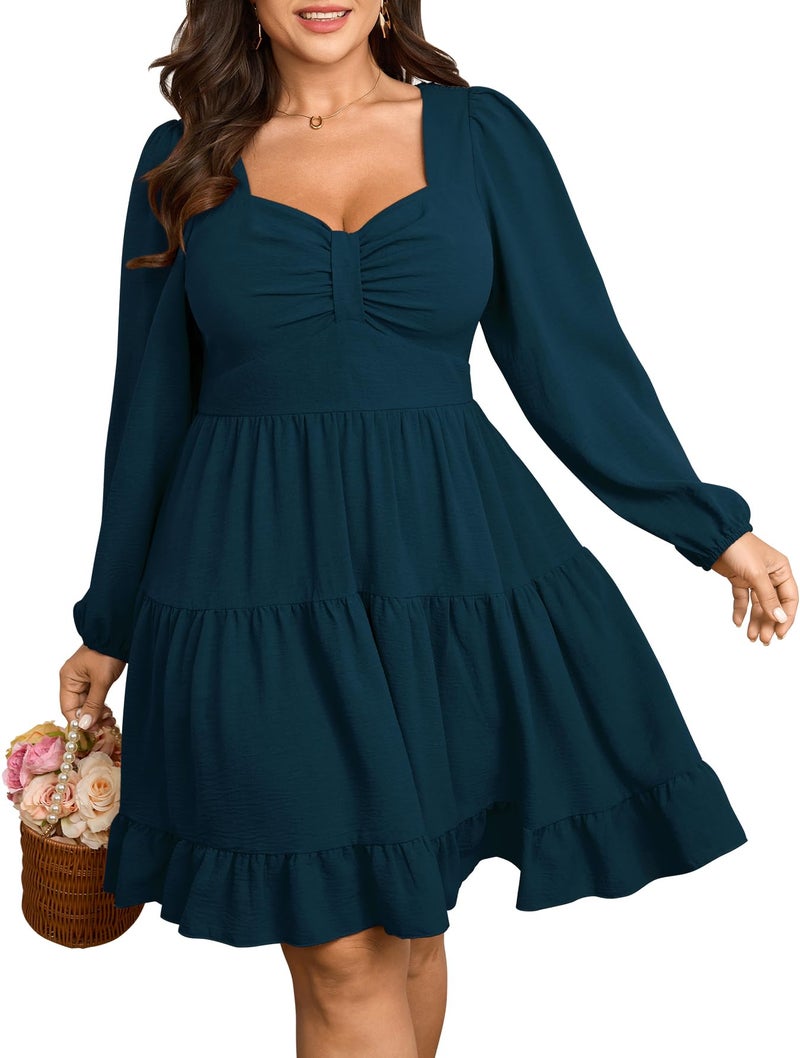 SCOMCHIC Women's Plus Size Dresses Cocktail Long Sleeve Sweetheart Neckline A Line Boho Cute Flowy Fall Mini Short Dress Lake Blue - Image 1