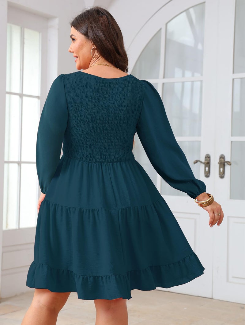 SCOMCHIC Women's Plus Size Dresses Cocktail Long Sleeve Sweetheart Neckline A Line Boho Cute Flowy Fall Mini Short Dress Lake Blue - Image 5
