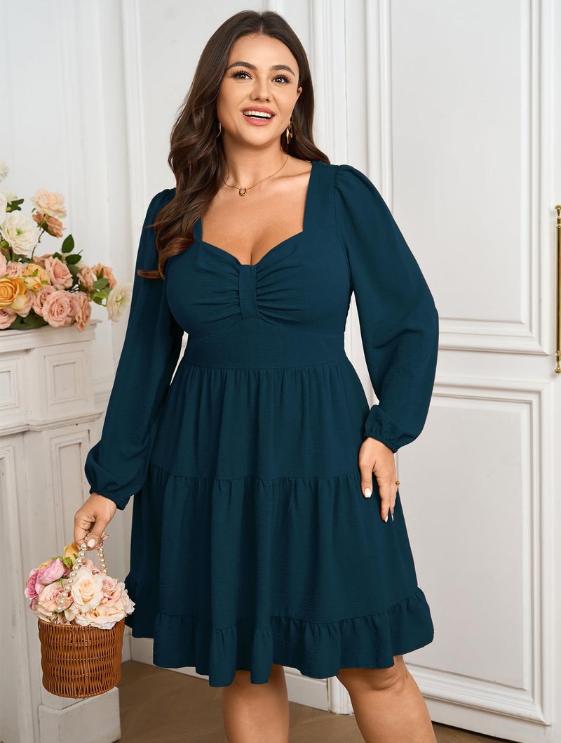 SCOMCHIC Women's Plus Size Dresses Cocktail Long Sleeve Sweetheart Neckline A Line Boho Cute Flowy Fall Mini Short Dress Lake Blue - Image 2