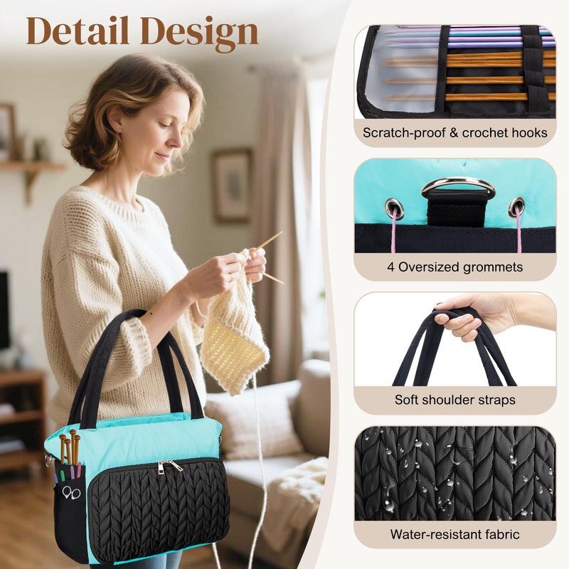 DALINDA Yarn Storage Bag Organizer,Crochet Bag - Portable Yarn Bag & Knitting Craft Tote,Multi-Pocket Design for Crochet Lovers,Ideal Gift for Knitters (Black Blue) - Image 4