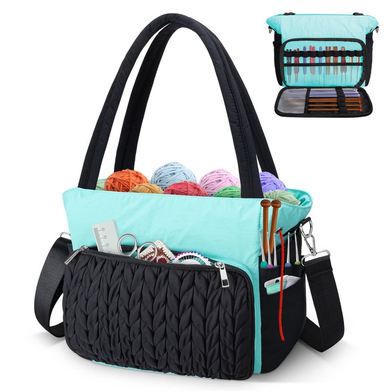 DALINDA Yarn Storage Bag Organizer,Crochet Bag - Portable Yarn Bag & Knitting Craft Tote,Multi-Pocket Design for Crochet Lovers,Ideal Gift for Knitters (Black Blue) - Image 1