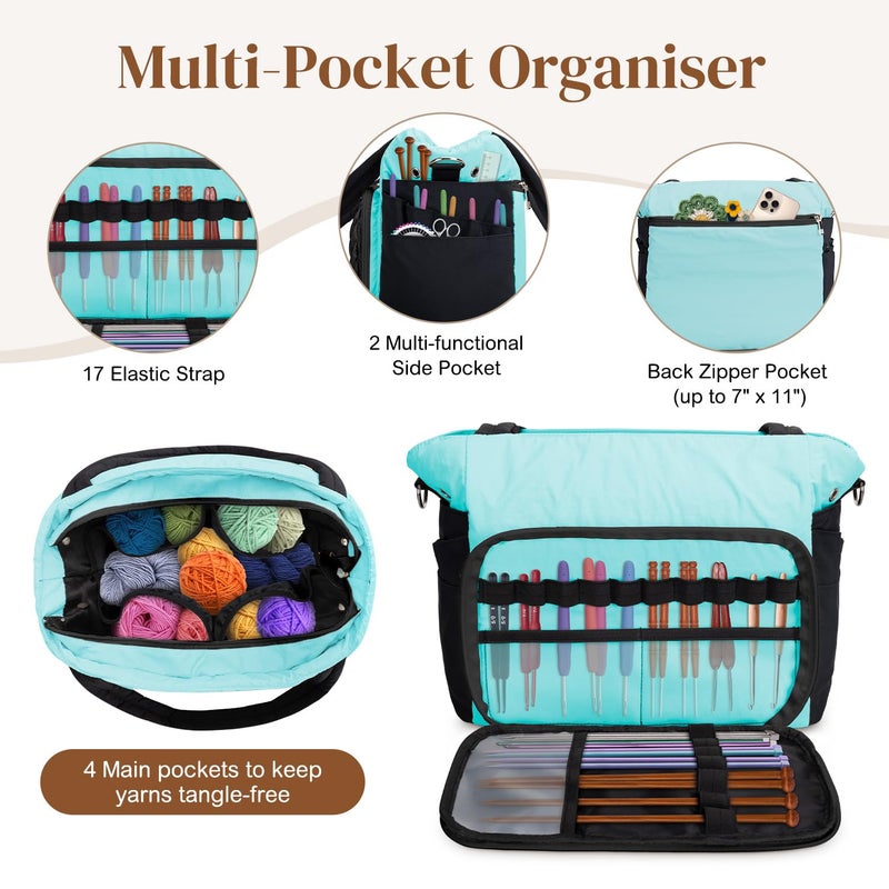 DALINDA Yarn Storage Bag Organizer,Crochet Bag - Portable Yarn Bag & Knitting Craft Tote,Multi-Pocket Design for Crochet Lovers,Ideal Gift for Knitters (Black Blue) - Image 3