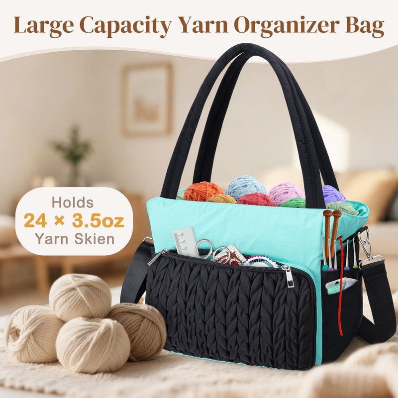 DALINDA Yarn Storage Bag Organizer,Crochet Bag - Portable Yarn Bag & Knitting Craft Tote,Multi-Pocket Design for Crochet Lovers,Ideal Gift for Knitters (Black Blue) - Image 2