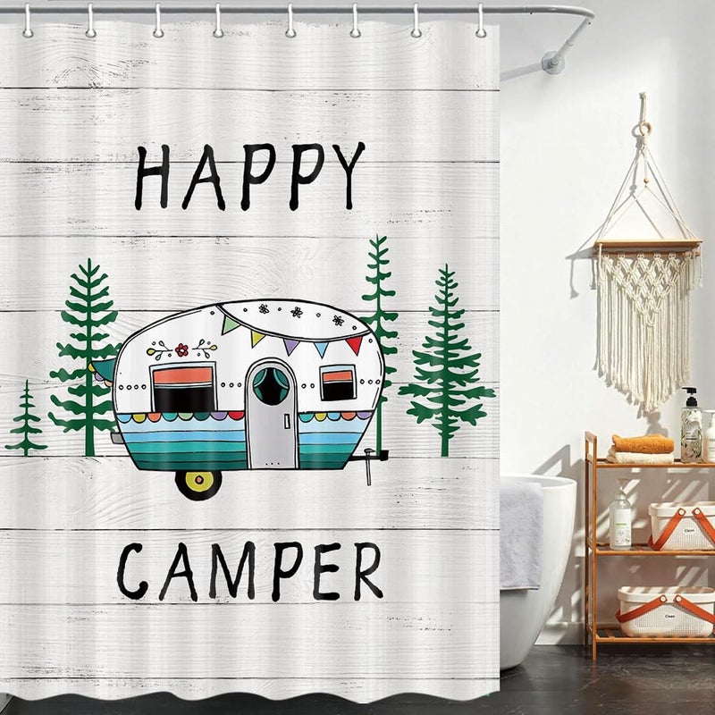 Viajar Viajar Camper Shower Curtain  Camper Shower Curtain Rustic Wood Camper Curtains for Travel Trailers Camping RV Shower Curtain for Camper  Small Size Campers Shower Curtain Set with Hooks  47X64inch - Image 1