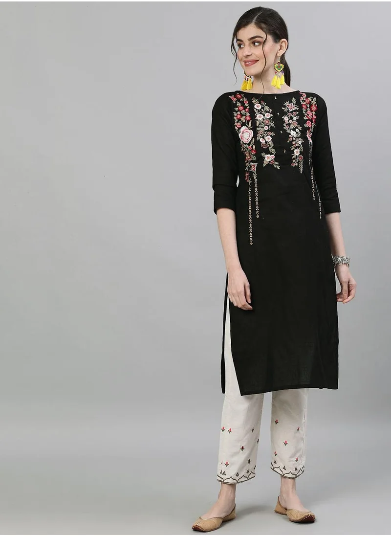 ISHIN Regular Fit Embroidered Pattern Round Neck Neck Three-Quarter Sleeve Black Colour Knitted Cotton Kurta Set for Women with Mid-Rise Closure - A Timeless Addition to Your Collection