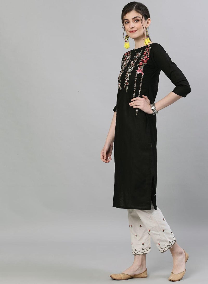 ISHIN Women's Black 100% Cotton Embroidered Regular Fit Kurta Set  - Image 5