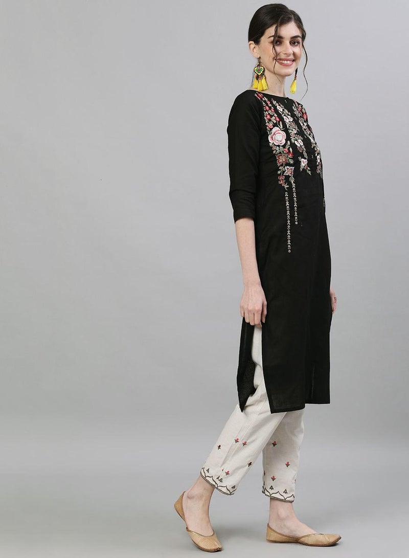 ISHIN Women's Black 100% Cotton Embroidered Regular Fit Kurta Set - Image 5