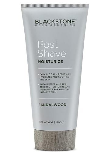 BLACKSTONE Blackstone Men's Grooming Post Shave Moisturizer with Tea Tree Oil, Shea Butter, Vitamin E, & Aloe | Soothing Cooling Balm | Cruelty & Paraben Free | Made in USA | Sandalwood (6 oz) 