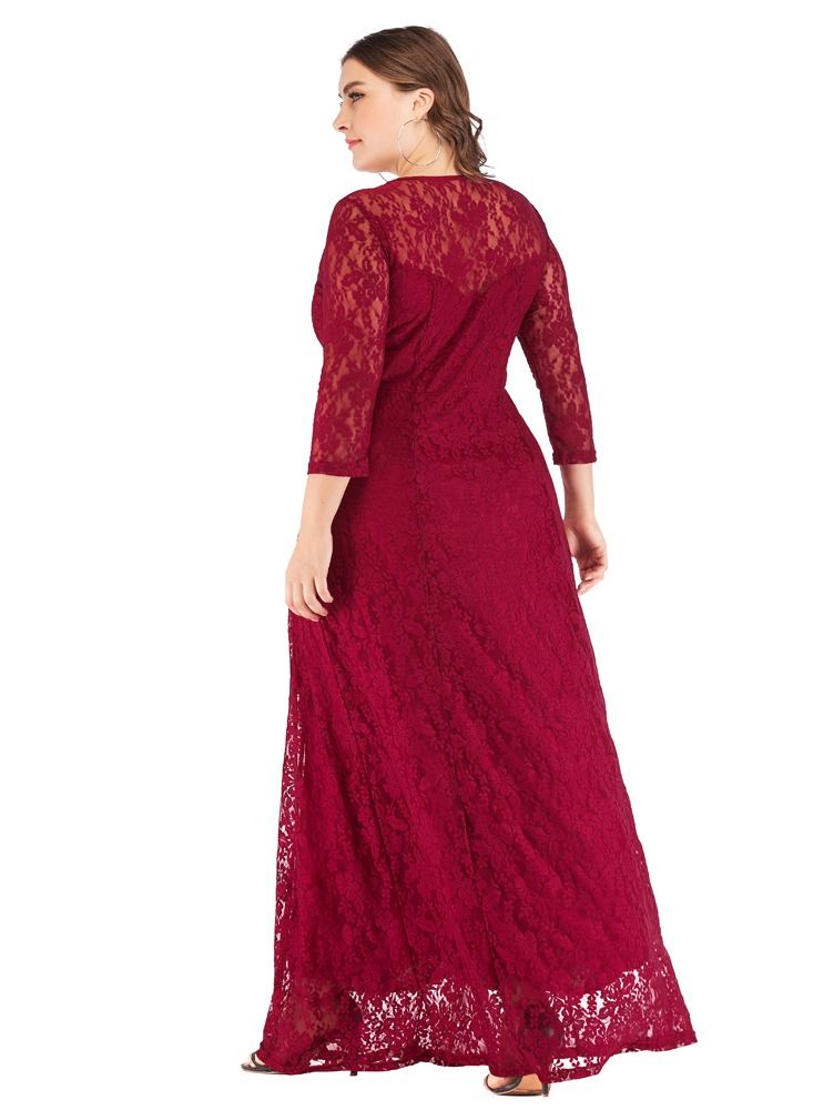 Loquat Women's new evening dress three-quarter sleeve long skirt lace dress  - Image 1