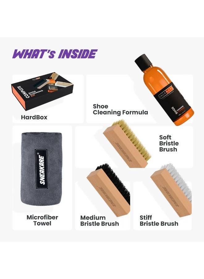 SNEAKARE Shoe Cleaning Kit 100ML | Sneaker Cleaner Kit with 100ML Shoe Cleaning Solution, 3 Bristle Cleaning Brushes & Microfiber Cleaning Cloth | Shoe Care Kit for Sneakers, Canvas, Leather & Sports Shoes - Image 4
