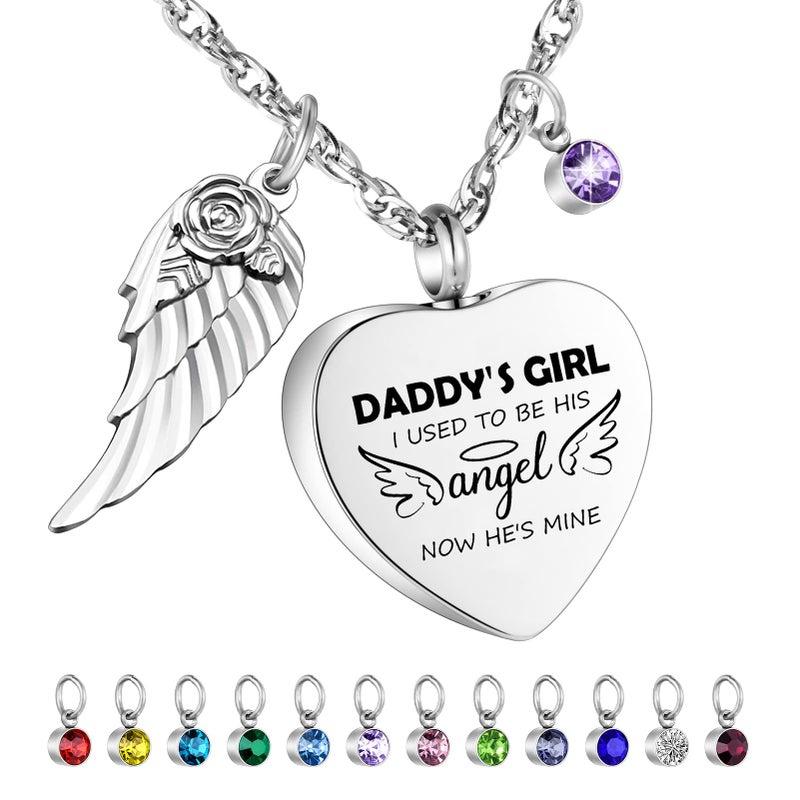 Dletay Heart Urn Necklace for Human Ashes Cremation Jewelry with 12 Birthstones Cremation Necklace for Dad Ashes-DADDY'S GIRL I USED TO BE HIS angel NOW HE'S MINE - Image 1