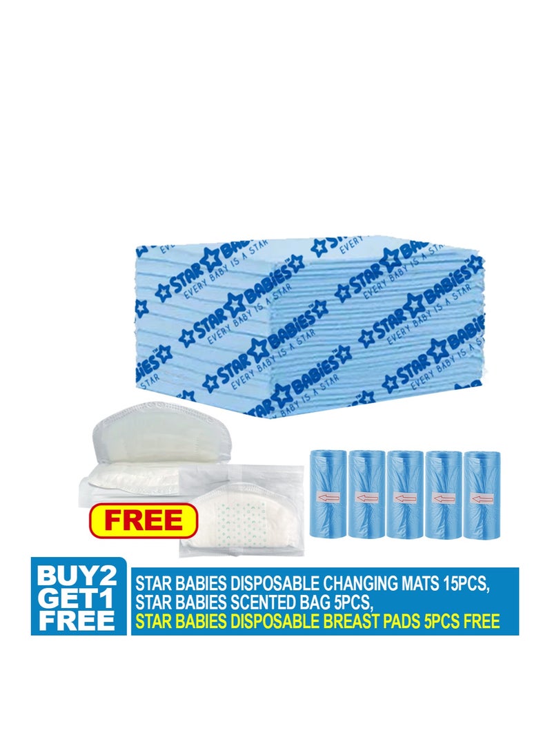 STAR BABiES Star Babies Combo Pack (Disposable Changing mat 15pcs, Scented Bag 5pcs (75bags) with  Disposable Breast Pad 5pcs) - Blue  - Image 2