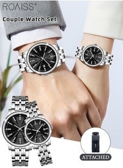roaiss Stainless Steel Strap Quartz Couple Watch Set Analog Display Round Dial Waterproof Luminous Exquisite Wristwatch with Calendar Suitable for Men Women  - Image 1
