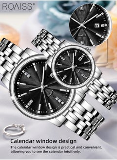 roaiss Stainless Steel Strap Quartz Couple Watch Set Analog Display Round Dial Waterproof Luminous Exquisite Wristwatch with Calendar Suitable for Men Women  - Image 4