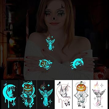 Konsait 24 Sheets Glow in the Dark Tattoos Halloween Temporary Luminous Body Makeup for Adult Women Kids Blue Fake Tattoos for Halloween Goodie Bag Stuffers - Image 2