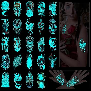 Konsait 24 Sheets Glow in the Dark Tattoos Halloween Temporary Luminous Body Makeup for Adult Women Kids Blue Fake Tattoos for Halloween Goodie Bag Stuffers - Image 1