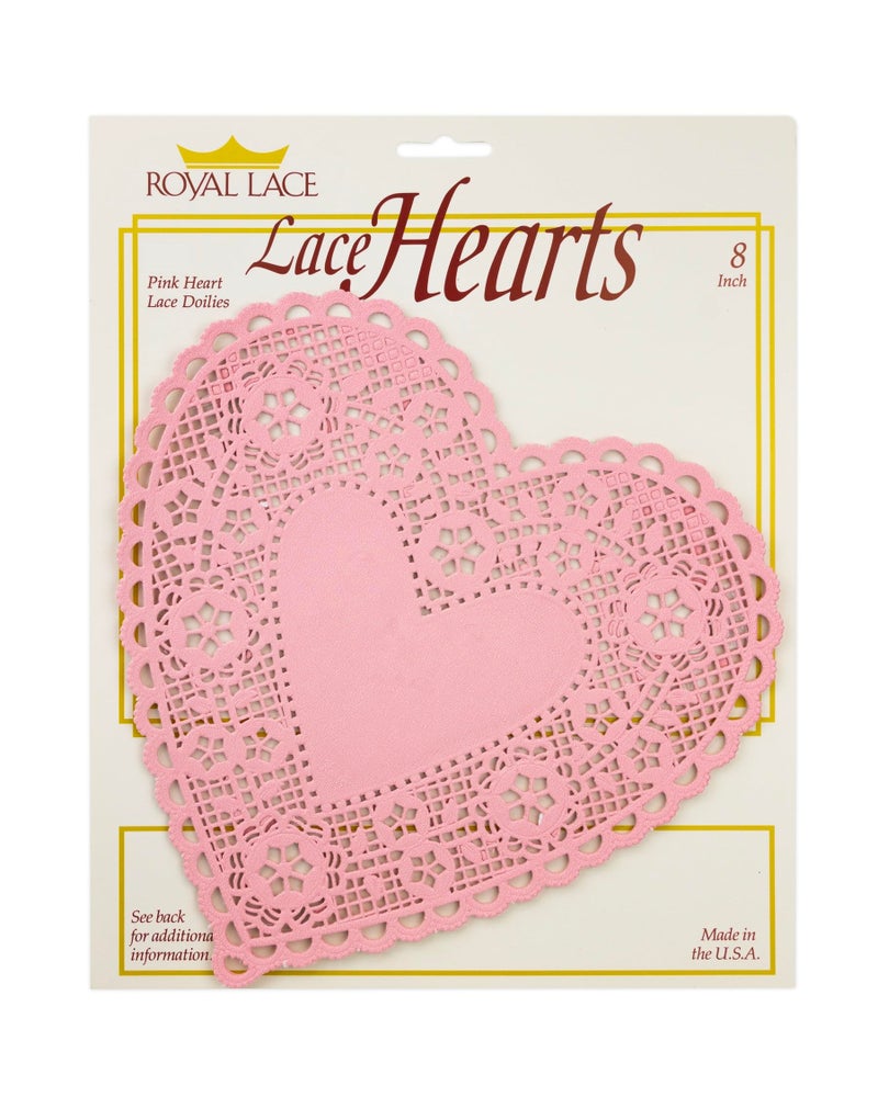 Hygloss Royal Lace Pink Heart-Shaped Paper Doilies - 8-Inch - Perfect for Valentines Day Crafts, Table Decor, and Parties - Pack of 72 - Image 1