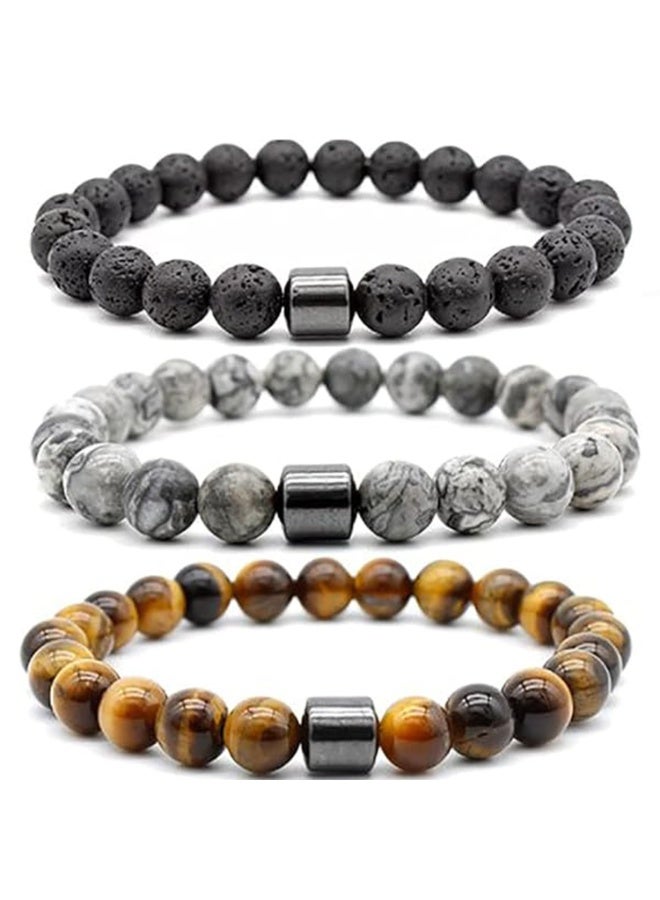 3 Pcs Beaded Bracelet Set for Men – 8mm Natural Tiger Eye + Lava Rock + Black Crystal – Adjustable Stretch Stone Bracelets – Gift for Father, Boyfriend, Brother – 19-21.6 cm - Image 1