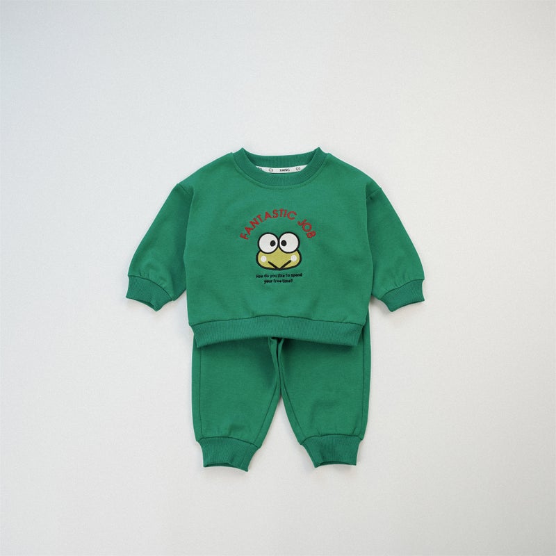 Japanese-style Cartoon Babys Autumn Clothes Class A Cartoon Childrens suit Embroidered Cute Sweatshirt Sweatpants Two-piece Set Green 