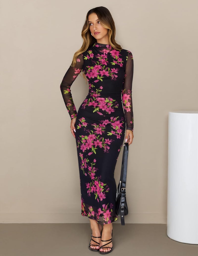 MEROKEETY Women's Spring Wedding Guest Dress 2026 Long Sleeve Bodycon Floral Mesh Fall Cocktail Holiday Party Maxi Dresses, Black, M - Image 2
