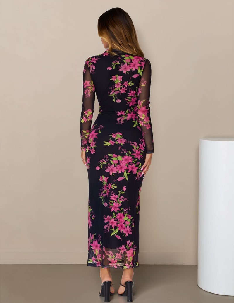 MEROKEETY Women's Spring Wedding Guest Dress 2026 Long Sleeve Bodycon Floral Mesh Fall Cocktail Holiday Party Maxi Dresses, Black, M - Image 4