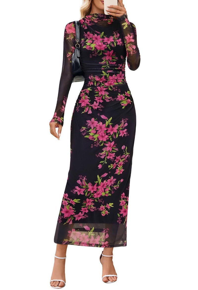 MEROKEETY Women's Spring Wedding Guest Dress 2026 Long Sleeve Bodycon Floral Mesh Fall Cocktail Holiday Party Maxi Dresses, Black, M - Image 1