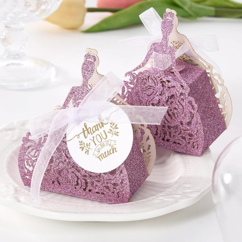 AdasBridal 50 قطعة من صناديق الهدايا الصغيرة اللامعة باللون الأرجواني، صندوق حلوى مقطوع بالليزر لحفلات الهدايا، نقش أميرة، مع شريط وبطاقات شكر، صندوق ورقي صغير للهدايا، حفلة استقبال المولود، حفلة الزفاف، حفلة الكوينس - Image 3